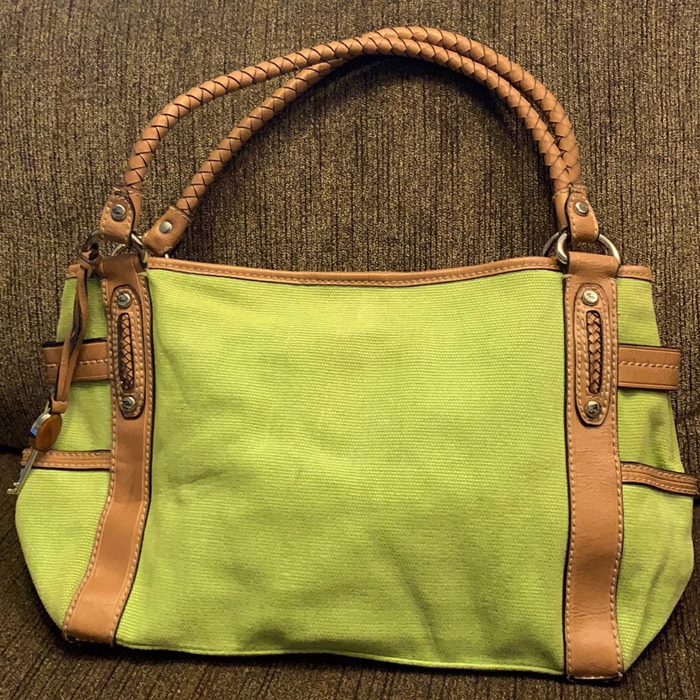 Fossil Green Canvas Shoulder Bag Leather Trim